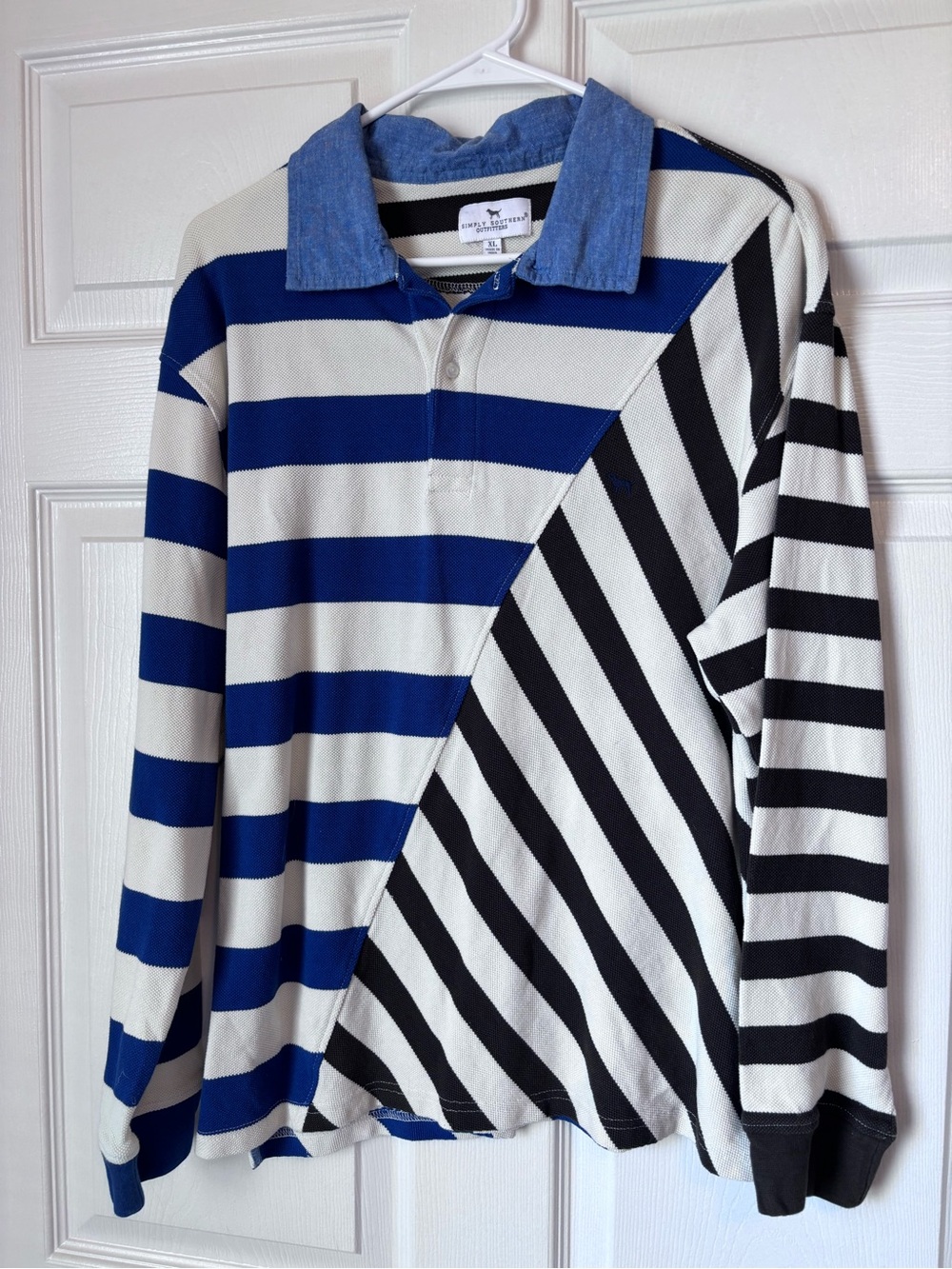 Simply Southern Striped Button-Down Polo - Blue, Black & White XL
